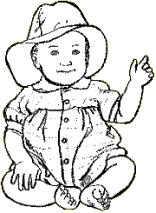 Small child sitting in a sun dress and hat.